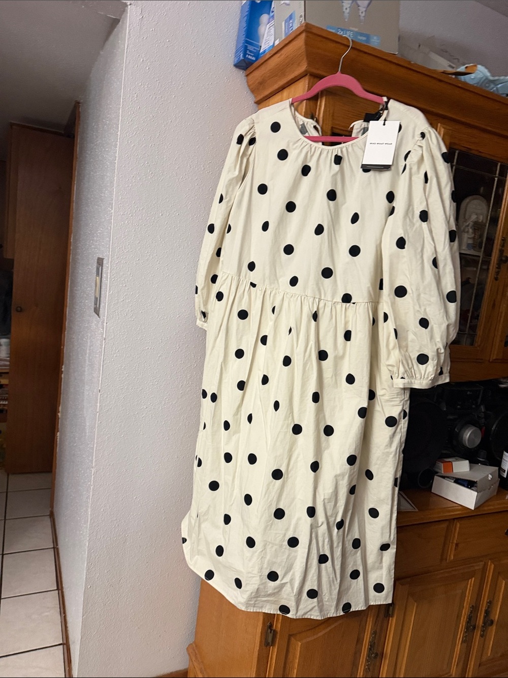 Polka Dot Tiered Midi Dress — Cream with Black Dots